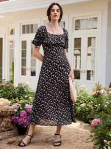 Uhlyne Damen elegantes Blumendruck-Kleid mit Puffärmeln und geraffter Taille, quadratischem Ausschnitt, frischer Urlaubsstil