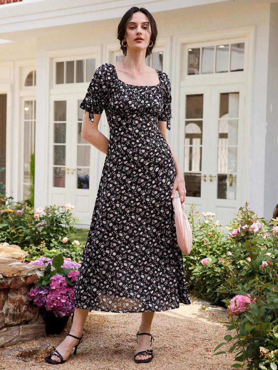 Uhlyne Damen elegantes Blumendruck-Kleid mit Puffärmeln und geraffter Taille, quadratischem Ausschnitt, frischer Urlaubsstil