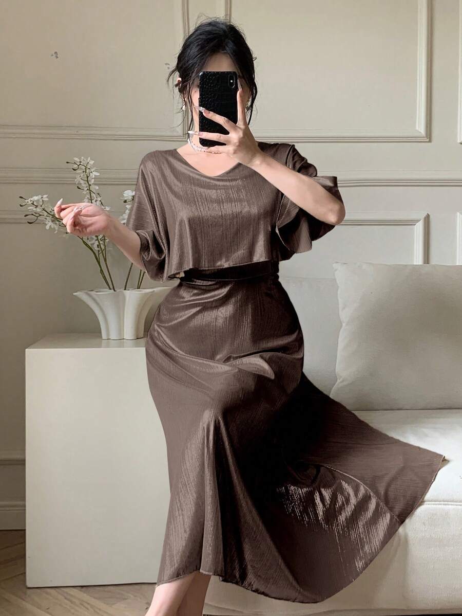 DAZY Váy dài vừa phải cổ chữ V màu trơn thanh lịch cho khách dự tiệc cưới, mùa hè - Màu hồng gỉ - Xem 1