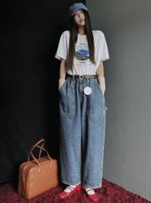 DAZY Camiseta blanca de mujer con cuello redondo y manga corta, estampado gráfico, camiseta oversize para primavera/verano