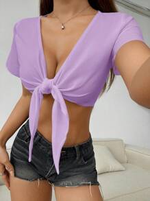 Muchica Women's Lilac Purple Semi-Sheer Woven Fabric Deep V Neck Tie Front Micro Crop Blouse: Casual And Chic Short Sleeve Summer Top