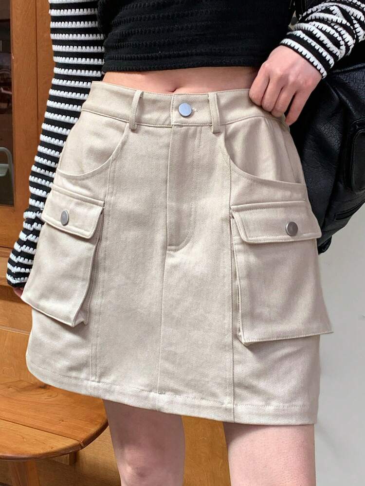 Women Solid Color Cargo Pocket Short Casual Versatile A-Line Skirt Fall Skirts