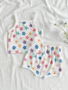 Vintaside Kids Baby Girl Ditsy Floral Casual Tank Top With Elastic Waist Shorts 2 Pieces Set, Suitable For Home And Outdoor, Spring