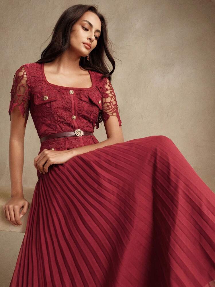 Women's Elegant Party/Date Chiffon Short Sleeve Splicing Sheer Lace Waist Band Pleated Dress