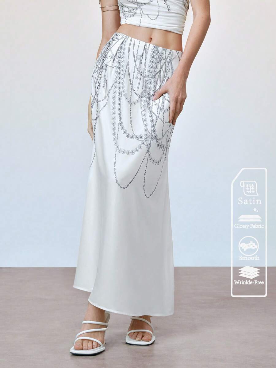 SHEIN Unity Women's Pearl 3D Print Sexy Low Waist Casual Skirt, Spring/Summer - White - View 1