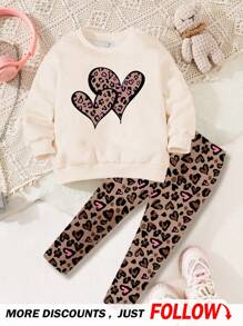 SHEIN 2pcs Young Girl Casual Leopard Heart Pattern Round Neck Long Sleeve Sweatshirt & Leggings Set, Fit For Autumn & Winter