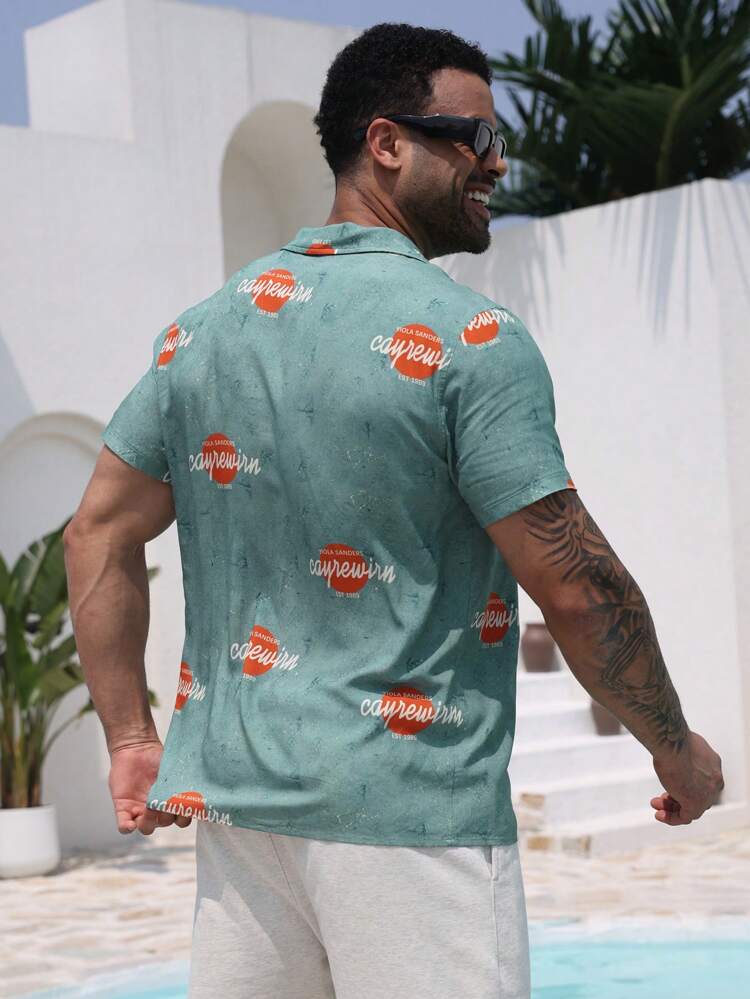 Men's Floral Print Green Vacation Style Shirt, Summer