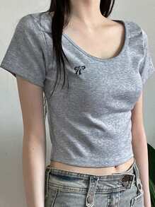 DAZY Women's Oversized Round Neck Letter Embroidery Cropped Short Sleeve T-Shirt With Bow, Grey, Spring/Summer