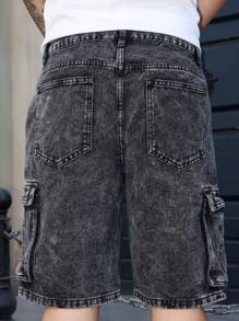 Manfinity Homme 男士深灰色酸洗牛仔百慕大短裤：前卫街头休闲风格，拉链细节