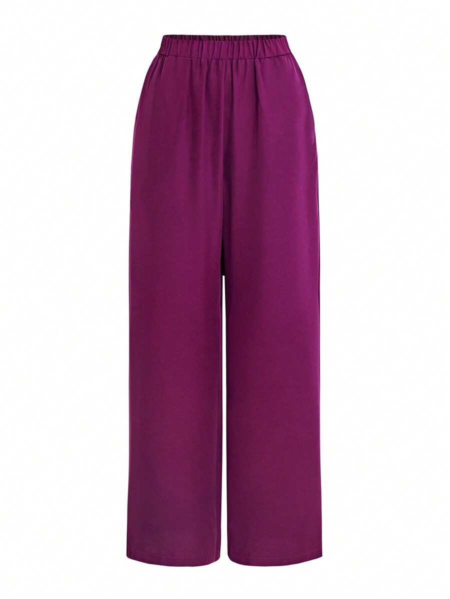 Seusyu Women Casual Solid Color Straight Leg Pants Fall Cloth For Women - Red Violet - View 1