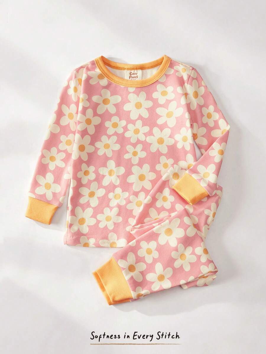Cozy Pixies Soft Floral Print Knit Crew Neck Long Sleeve Top & Elastic Waist Skinny Pants Girl 2pcs Snug Fit Pajama Set - Pink - View 1