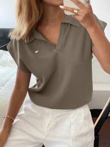 Livesso Blusa de punto de color liso con cuello polo ajustada, casual para mujer en primavera/verano