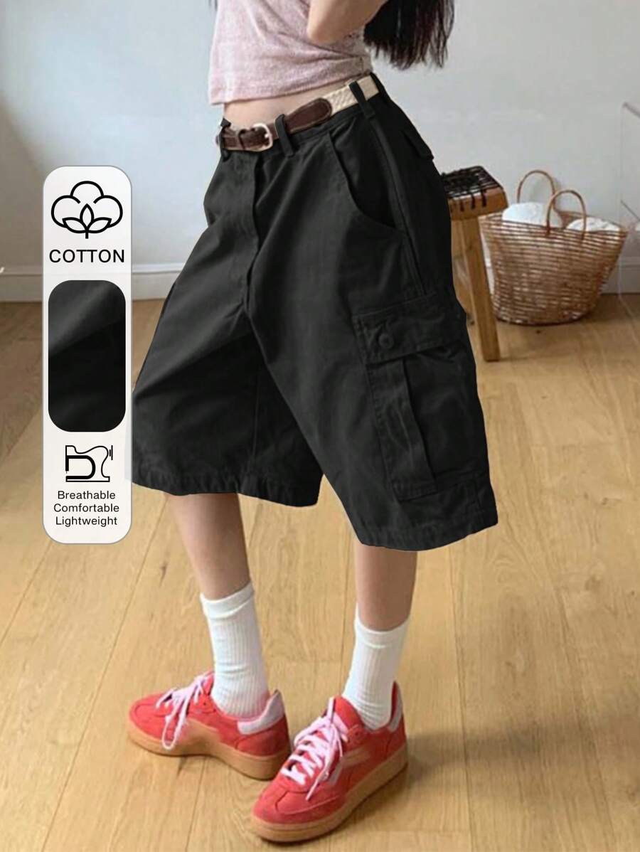 SHEIN x PRISCILA & JIMENA DAZY 女士实用口袋宽松低腰休闲百慕大短裤夏季 - 黑色 - 查看 1