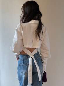 DAZY Women's Solid Color Tie-Waist Cropped Long Sleeve Shirt, White, Spring/Summer/Autumn