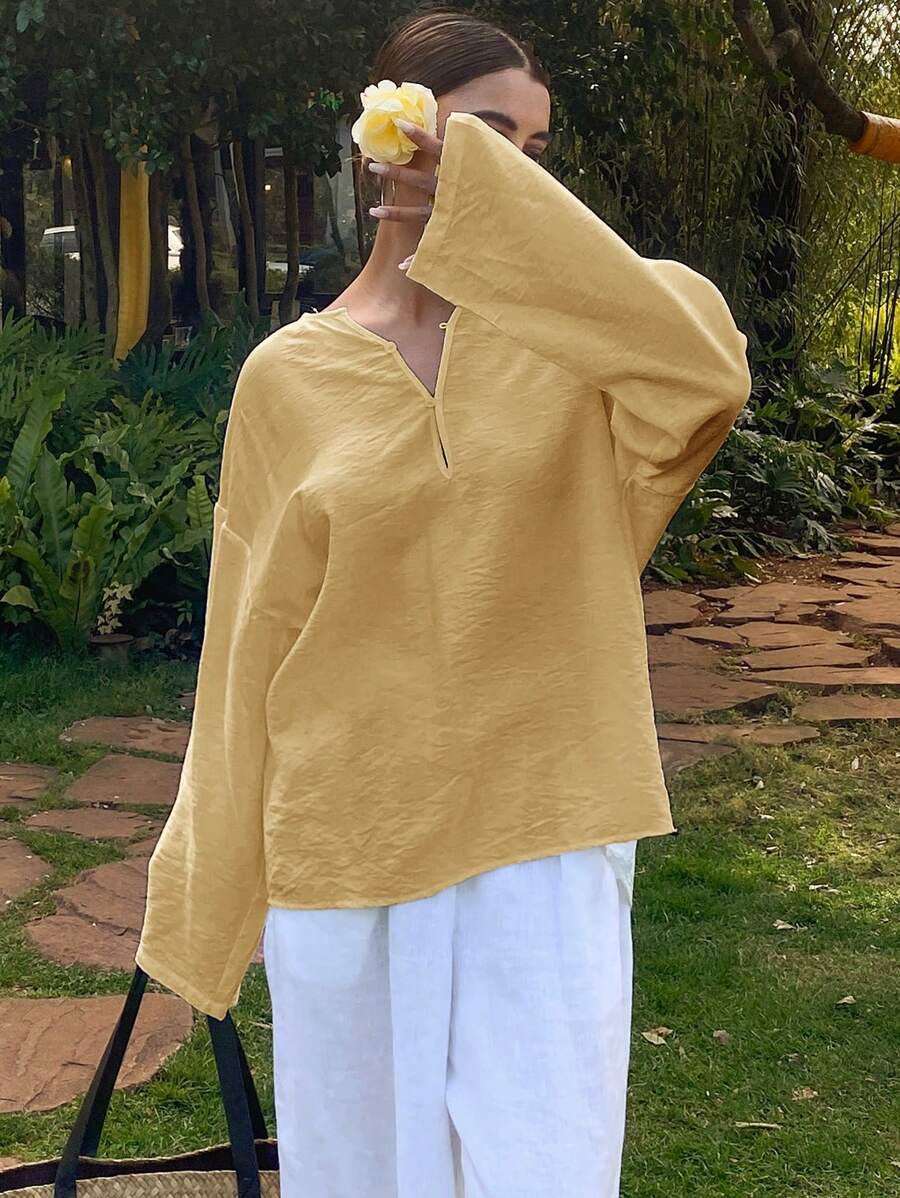 Livesso 女士纯色宽松长袖圆领休闲假日夏季衬衫学院风上衣