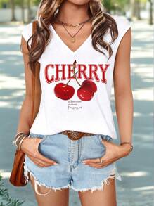 EMERY ROSE Plus Size Women Cherry Pattern V-Neck Sleeveless Top, Slightly Sheer Suitable For Summer - White - View 3