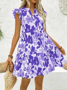 Breezaya Vacation Casual Floral All Over Print Cap Sleeve Dress - Purple - View 4