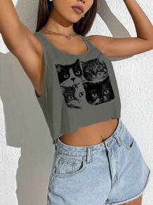 SHEIN EZwear Women Loose Casual Cat Pattern U-Neck Cropped Tank Top, Suitable For Summer Back To School - Grey - View 4