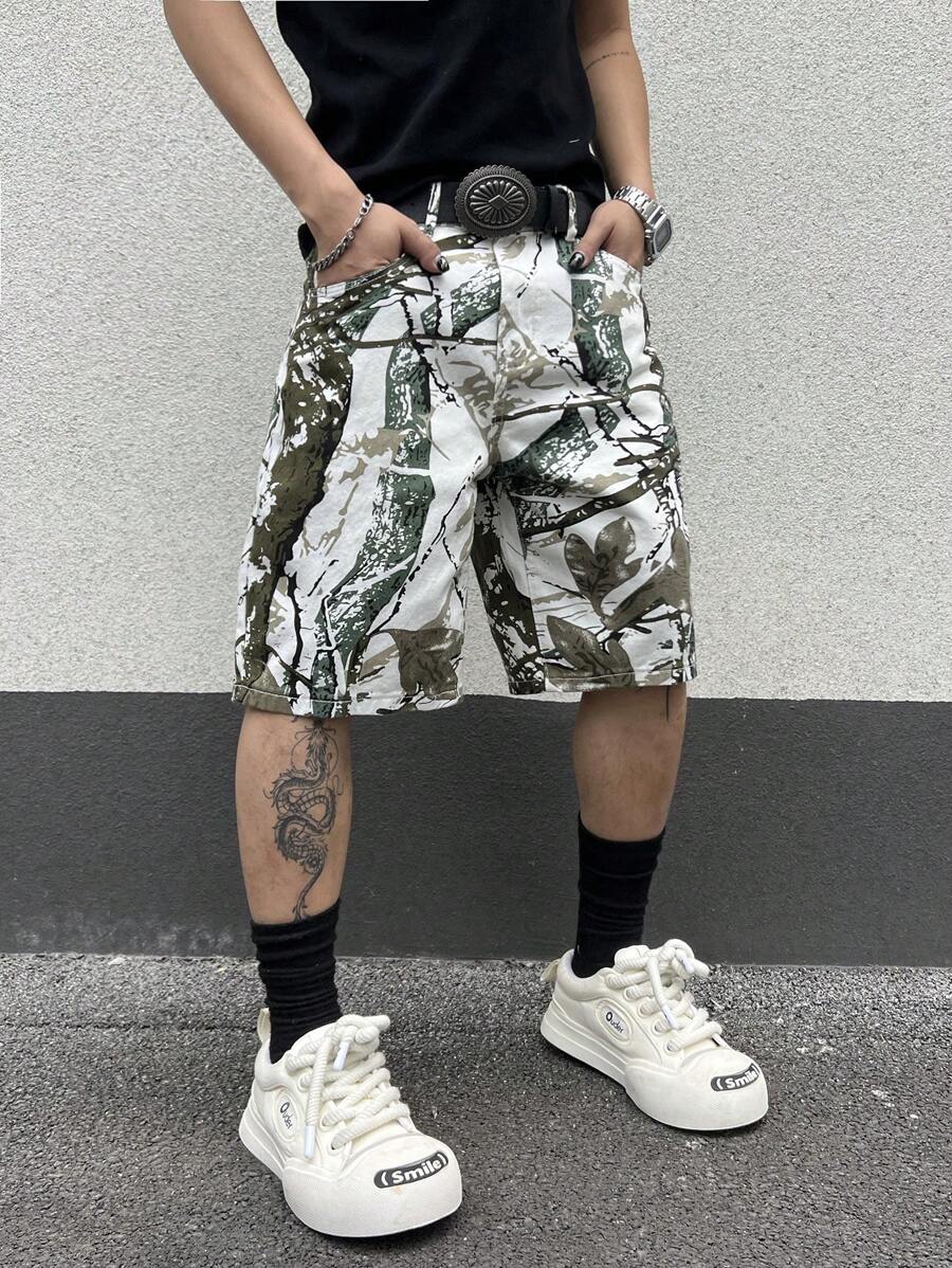 Manfinity EMRG Pantalones cortos de mezclilla casuales y versátiles para hombres con estampado de rama y bolsillo - Multicolor - Ver 1