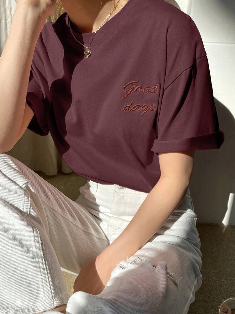 Women's Casual Loose Plain Letter Embroidered Short Sleeve T-Shirt, Summer Oversized T-Shirt