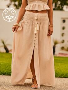 Aralina Boho Festival Cheesecloth Smocked Drawstring Tassel High Waist Ramadan Iftar Party Button Front Maxi Split Skirt - Apricot - View 5