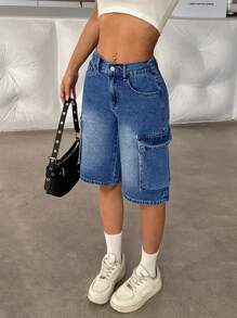 SHEIN PETITE Women Blue Low Rise Bermuda Denim Shorts Summer - Light Wash - View 6