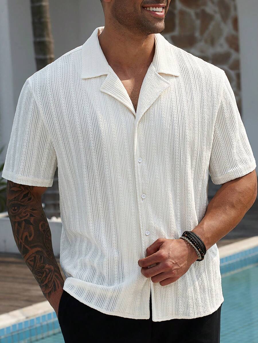Manfinity RSRT Camisa casual de talla grande para hombres, de un solo pecho, de manga corta, con cuello de solapa y unicolor - Blanco - Ver 1