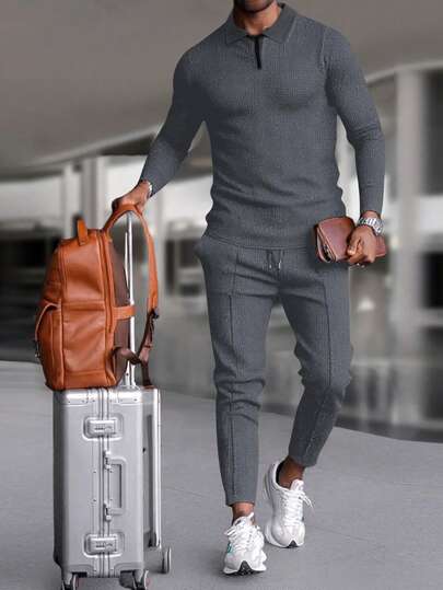 Manfinity Homme Conjunto de sudadera con cremallera de cuarto y pantalón de chándal con cordón de ajuste holgado para hombre, atuendos casuales para hombre, ropa de otoño