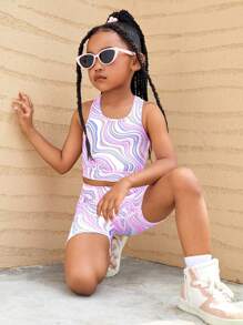 SHEIN 2pcs/Set Young Girl Cute & Wave Pattern Print Vest And Bike Shorts Sports Yoga Set