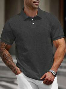 Manfinity Homme Camisa polo casual de talla grande para hombre con manga corta y unicolor - Gris Oscuro - Ver 3