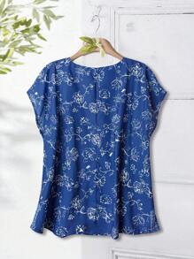 EMERY ROSE Plus Size Raglan Sleeves Combination Pattern Positioning Print Hem Split Design Notch V Neck Women's Tunic Shirt Country Casual Holiday Bohemian Suitable For Spring And Summer Loose Fit