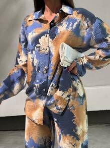SHEIN Conjunto de 2 piezas con camisa de manga larga y pantalones con estampado floral y botón con piedra para damas