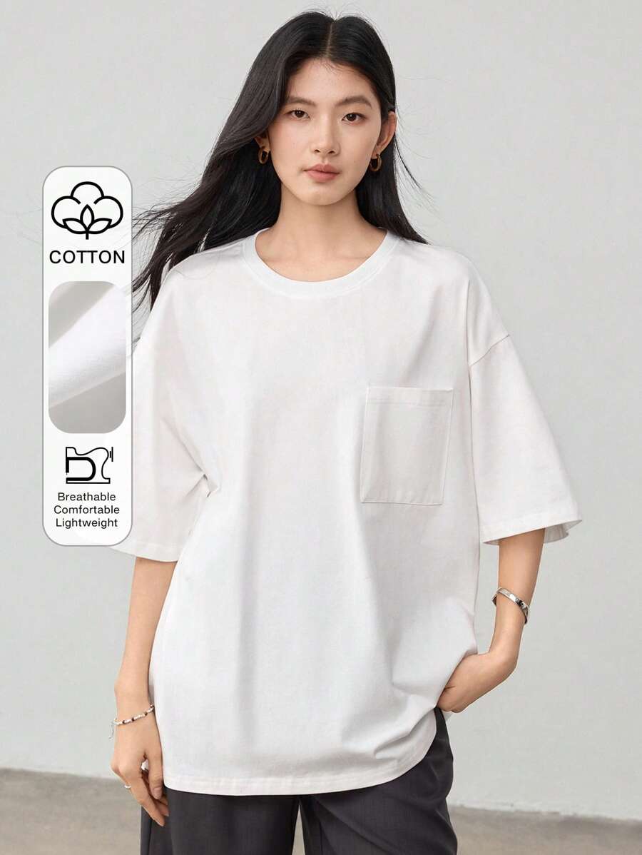 Dazy-Less T-shirt ample et décontracté pour femme, style minimaliste avec grande poche, manches courtes, t-shirt oversize pour l'été - Blanc - Voir 1