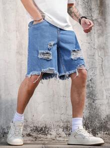 Manfinity LEGND Men's Casual Basic Denim Shorts In Medium Wash With Ripped Details And A Short Length - Medium Wash - View 5