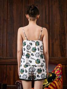 HARRY POTTER X SHEIN Set de 2 piezas para mujer de top camiseta y short de pijama con contraste de encaje y estampado gráfico de letras