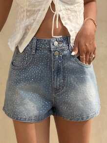 DAZY Summer New Solid Color Casual Vacation Rhinestone Decorated Women Jeans Denim Shorts Sequin