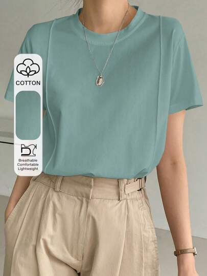 DAZY Solid Seam Detail Tee,Business Casual Women