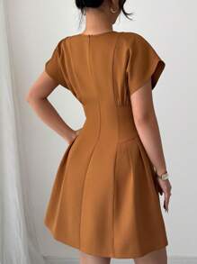 Elenzga Women's Elegant Solid Waist-Cinched Short Dress, Summer - Rust Brown - View 2