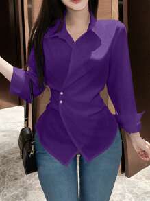 SHEIN LUNE 女士纯色长袖裹身衬衫，春秋女士衬衫 - 紫色 - 查看 4
