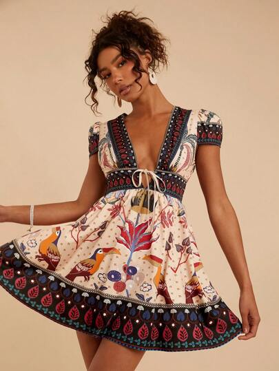 Travachic 女士春夏V领短袖修身印花梭织度假迷你连衣裙