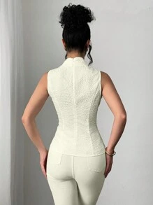 Chiquease Chinese Collar Cinched Waist Front Tie-Up Sleeveless Top, Solid Color, Fashionable For Summer