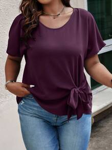 SHEIN LUNE Plus Size Casual Solid Color Short Sleeve Tie Front Shirt, Summer - Purple - View 3