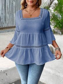 SHEIN Clasi 大码女式度假纹理竹节领荷叶边喇叭袖衬衫