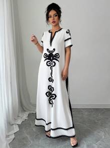 SHEIN Tall Women's Elegant Contrast Color Printed Dress, Summer - White - View 4