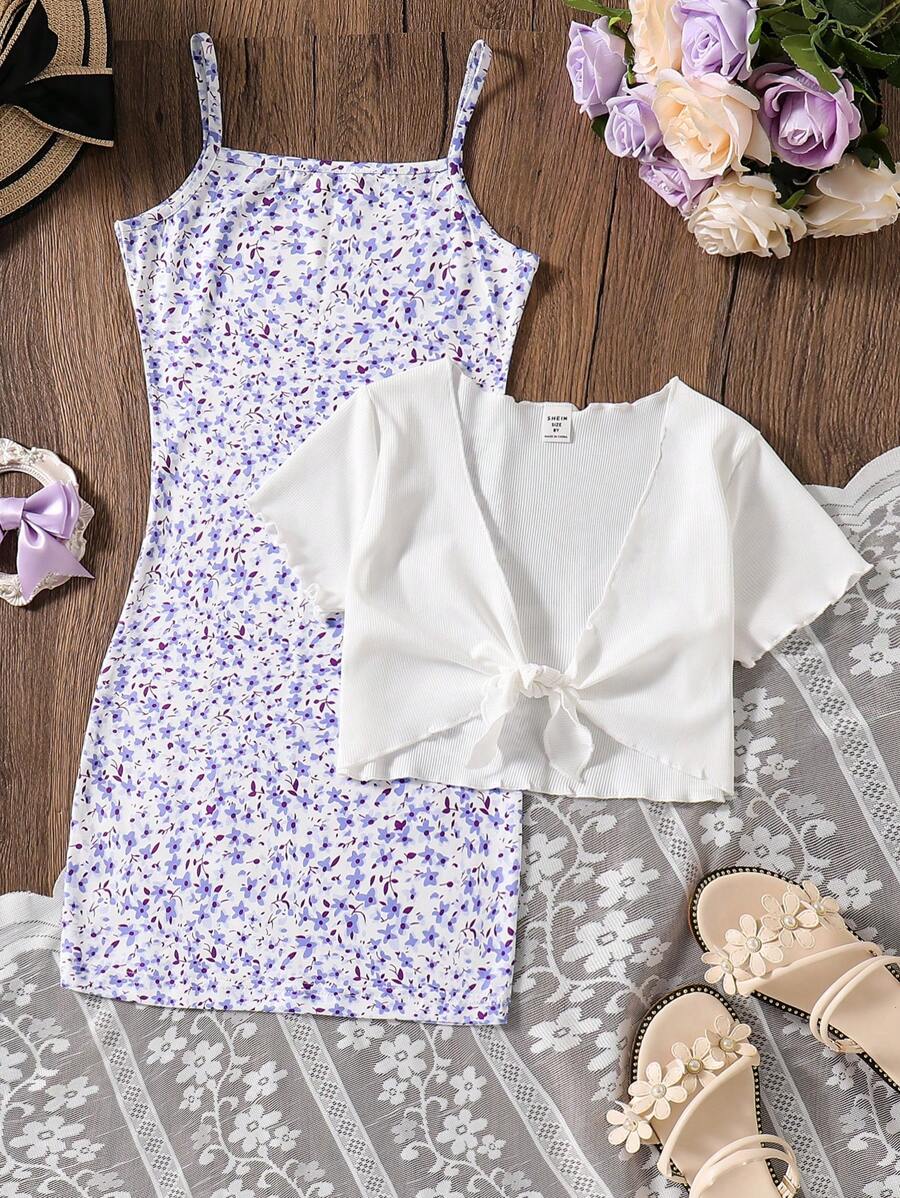 SHEIN Vintaside Kids 2件套纯色系带前上衣和碎花吊带裙