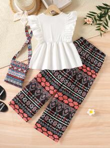 SHEIN 2pcs/Set Tween Girl Casual Elegant Resort T-Shirt & Wide Leg Pants Set - Orange - View 2