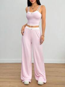 Flirla 美式休闲运动混纺灰色二合一拼接吊带背心和高腰裤套装，夏季女士 - 粉色 - 查看 3