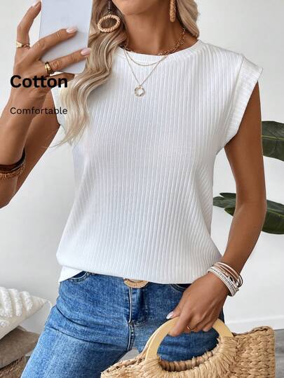 EMERY ROSE Women's Plain Round Neck Cap Sleeve Ribbed Casual T-Shirt Summer Outfits For Women