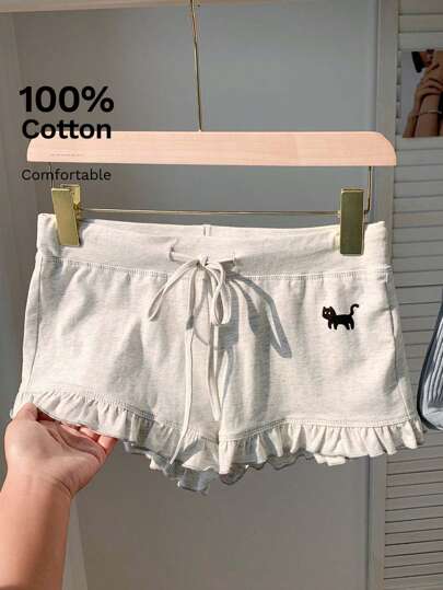 Comfortcana Women Summer  Cat Print Ruffle Hem Belted Shorts