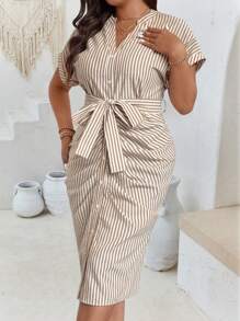 SHEIN Clasi Damen Große Größen gestreiftes Kleid mit V-Ausschnitt, gerafftem Raglanärmel und schmeichelhafter Passform - Braun - Übersicht 5